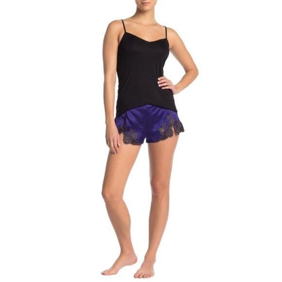 Josie Natori DVO Lillian Silk Shorts Midnight Purple With Black Lace Trim - Picture 2 of 6
